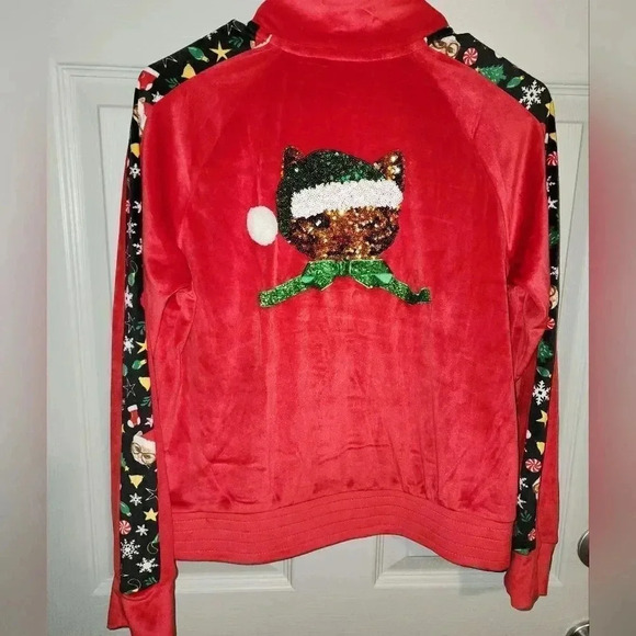 NWOT Santa Baby Christmas Cats Velour w/ Sequins Zip-up Track Jacket Junior's L - Picture 6 of 11